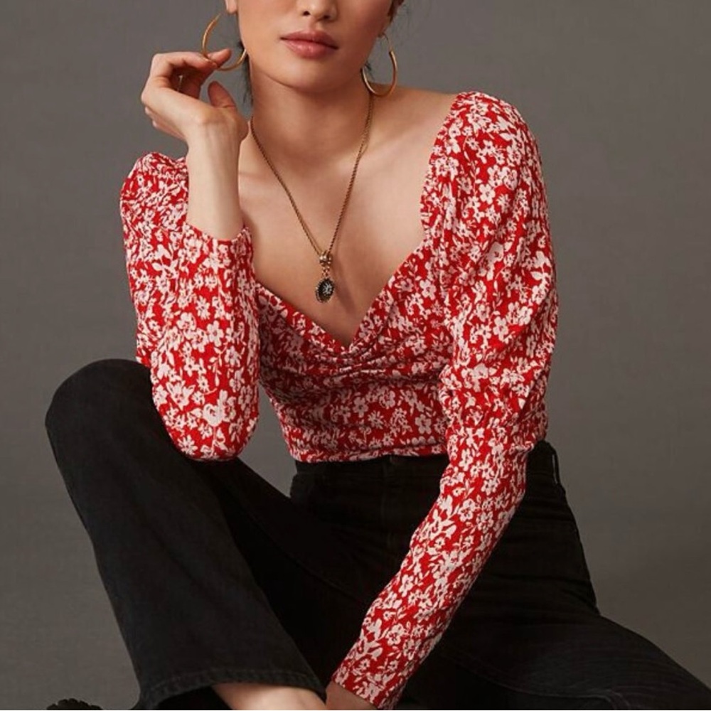 Anthropologie Floral tee orange bohemian cottage core stretch peasant blouse top